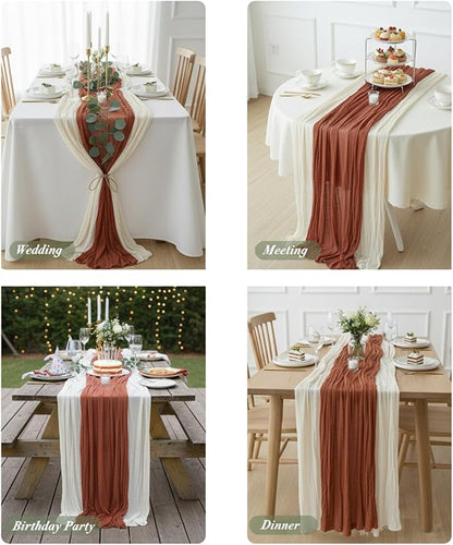 Cheesecloth Table Runner 2 Pack White and Terracotta, Boho Gauze Table Runner - Image 4