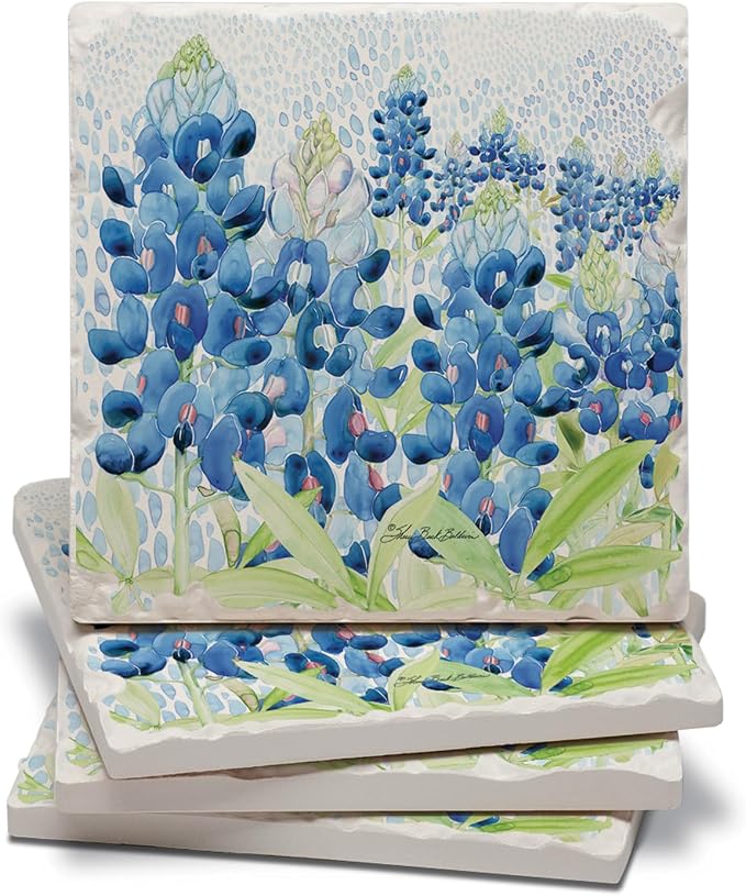 Thirstystone Blue Bonnets 4 Pack Tumbled Tile Stone Coasters | 4" Square by CounterArt