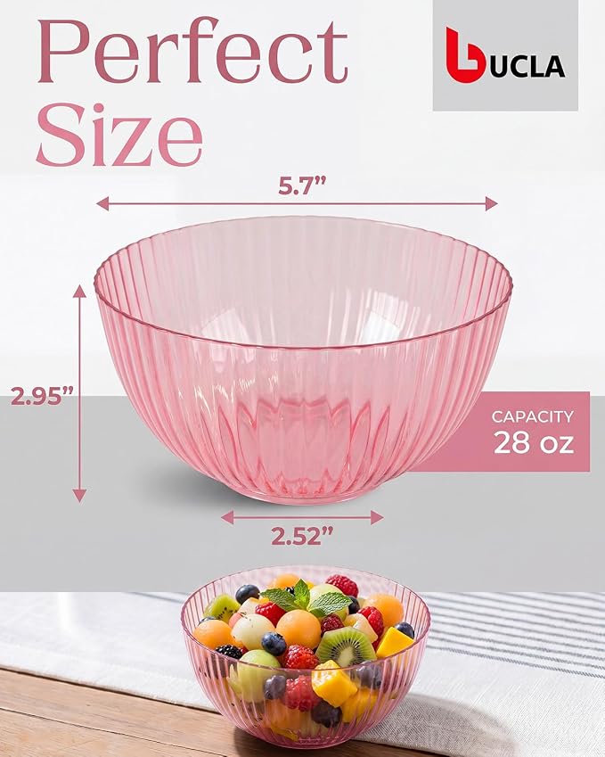 bUCLA 12 PCS Plastic Cereal Bowls Set - 28 Oz Clear Pink Disposable Vertical - Image 2