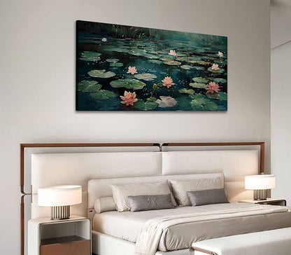 ADJUVANT Wall Art Impressionist Water Lily Pond 60" L x 30" W, Pink Lotus Flowers on Dark Blue Water Canvas Painting Nature Artwork Prints Wall Decor for Living Room Bedroom Bathroom Home Office