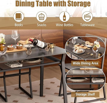 Giantex Dining Table Set for 4, 47”L x 28”W Rectangular Kitchen Table w/ 4 Trapezoid Chairs, Reinforced Metal Frame & Storage Rack, Industrial Space-Saving Dinette Set for Kitchen Dining Room (Grey)