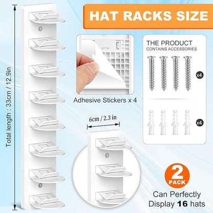 2 Pack Hat Organizer for Baseball Caps, Hat Rack for Wall Hold Up 16 Hats, Strong Adhesive & Screw-in Cap Holder hat hangers for Closet Door & Bedroom (White-2Pcak)