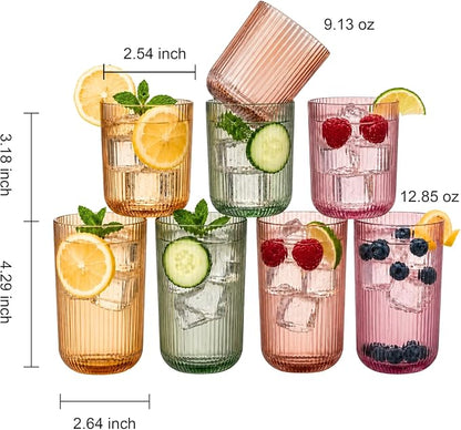 Set of 8 Dopamine Colored Ribbed Glassware, 4 Highball Glasses 14oz & 4 Rocks - Image 9
