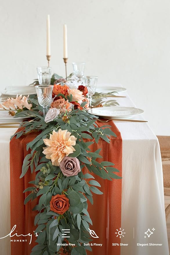 Ling's Moment 10Ft Burnt Orange Sheer Chiffon Table Runner | Terracotta - Image 3