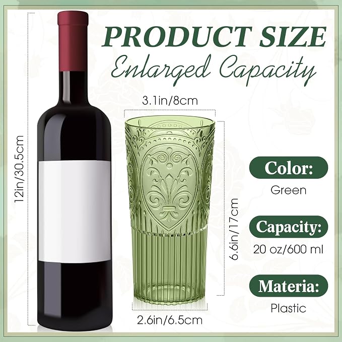 Wiwiqing 20oz Vintage Plastic Drinking Glasses Set of 24, Dark Green Large - Image 3