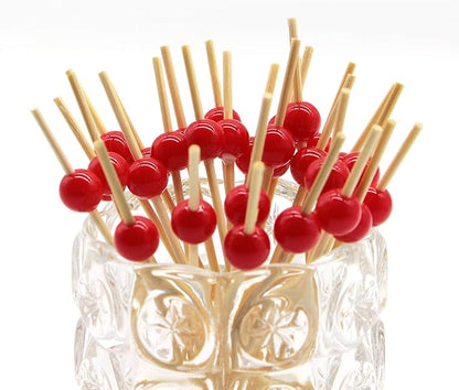 Minisland Red Pearl Cocktail Picks, 4.7 Inch Long Bamboo Fancy Toothpicks for Appetizers, Decorative Valentines Christmas Holiday Party Food Drink Garnish Fruit Kabob Skewer Sticks 100 Counts -MSL155