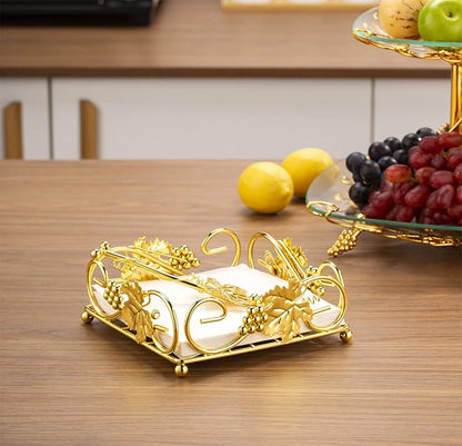 Flat Napkin Holder for Table Gold With Weight Arm for Kitchen Courtertops Dinning Table Grape Leaf Modern Tissue Dispenser Stainless Steel Gilding (7" L X 7" W X 2.5" H)