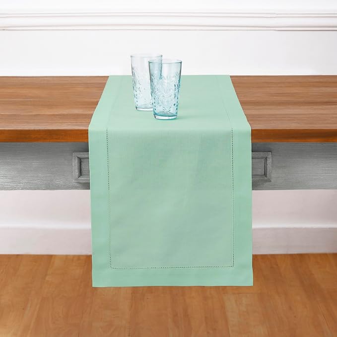 Solino Home Cotton Linen Dining Table Runner Aqua Hemstitch, 14 x 108 in | by SolinoHome