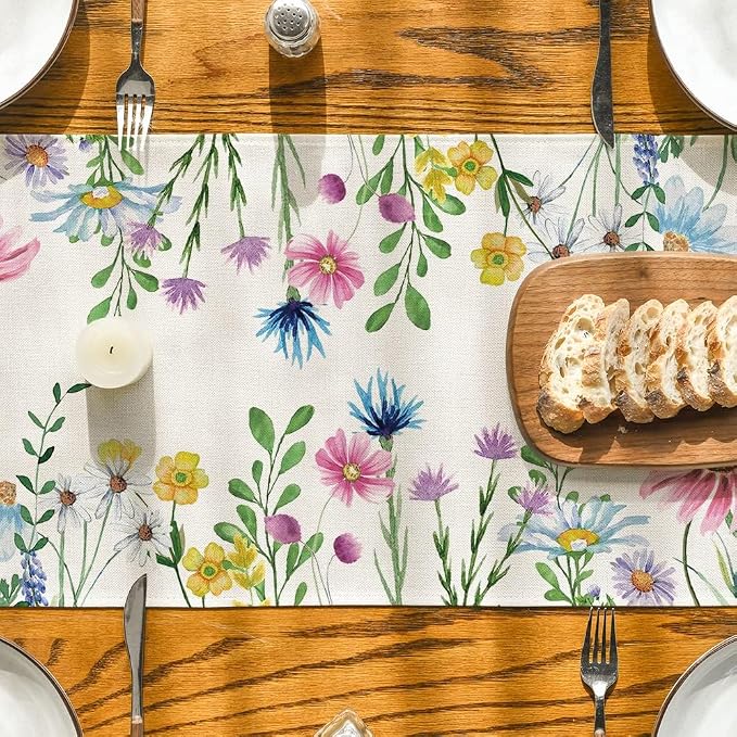 Artoid Mode Daisy Eucalyptus Lavender Floral Leaves Summer Table Runner - Image 3