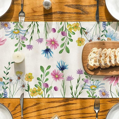 Artoid Mode Daisy Eucalyptus Lavender Floral Leaves Summer Table Runner - Image 3