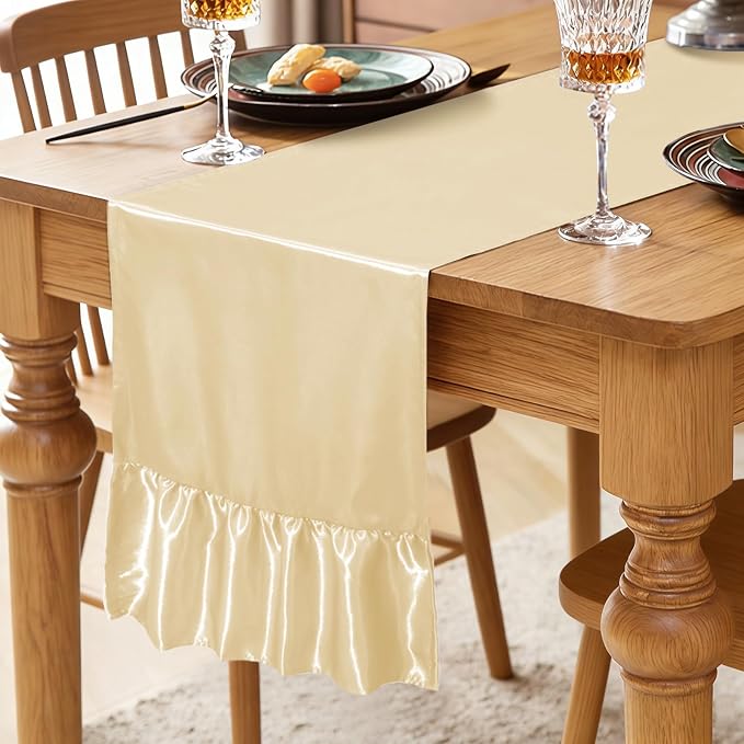 2 Pack Beige Satin Table Runner 12 x 72 Inch | Ruffle Design, Luxurious Dining - Image 2