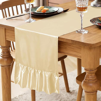 2 Pack Beige Satin Table Runner 12 x 72 Inch | Ruffle Design, Luxurious Dining - Image 2