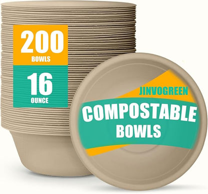 JINVOGREEN 200 Count 16 oz Paper Bowls, Disposable Compostable Bowls, Heavy by JINVOGREEN