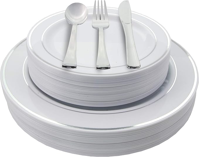 Exquisite 200 Piece Heavyweight Party Disposable Plastic Plates and Cutlery Set by Exquisite