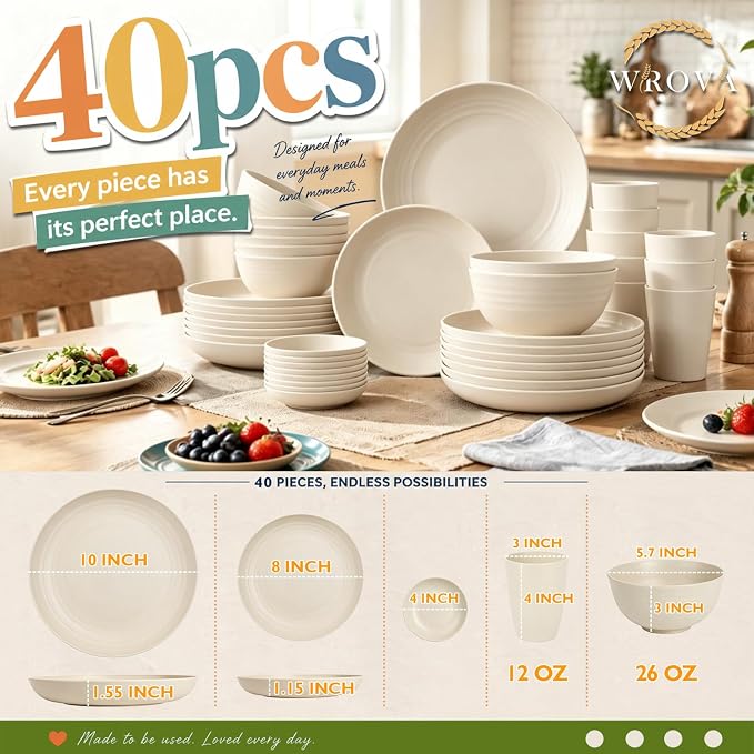 Unbreakable Plates Bowls and Cups Set, Wheat Straw Dinnerware Sets | 40PCS Dish - Image 2