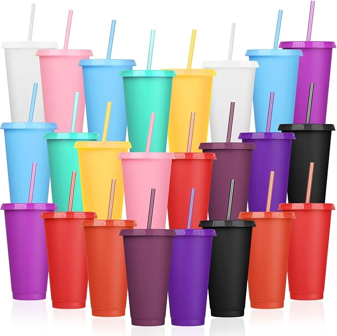24 Pack Plastic Tumblers with Lids and Straw, Reusable Cups with Lids and by LEIFEOSH