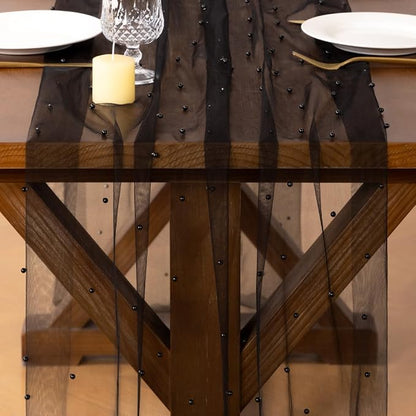 Pearl Table Runner Summer Tulle Gauze Sheer Wedding Party Home Decor | Black - Image 2