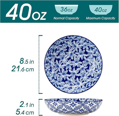 vancasso Selene 8.5" Pasta Bowls Set of 6, 40 oz Porcelain Shallow Salad Bowls, Serving Bowls Large Kitchen Bowl Plates Pasta Plates, Blue & White Floral Design, Microwave Safe