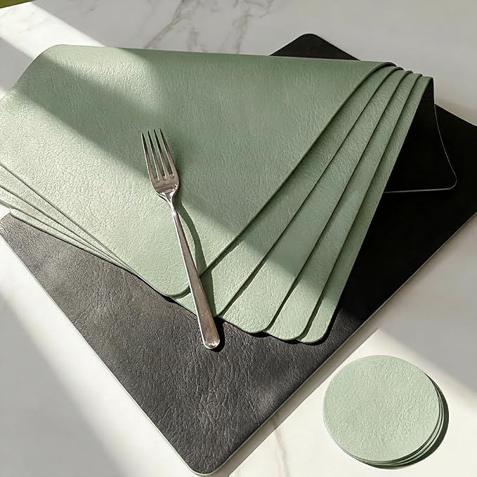 Sage Green Place Mats and Coaster Sets, Faux Leather Effect Place Mats by Unknown