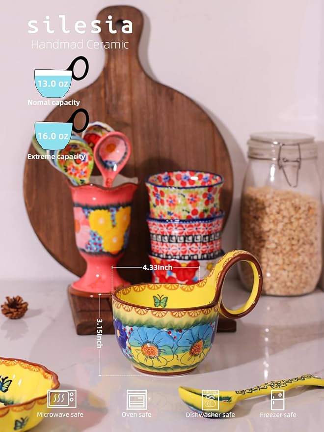 silesia Handmade Loop Handle Soup Bowl, Plate and Spoon Set Ceramic Hand - Image 2