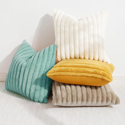 decorUhome Cozy Faux Fur Throw Pillow Covers 24x24 Set of 2 Decorative Soft Plush Striped Modern Farmhouse Boho Couch Euro Sham Pillow Cases with Velvet Back for Sofa Bed Living Room, Aqua