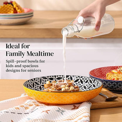 DOWAN 10" Vibrant Pasta, Salad & Soup Serving Bowls Set of 4, Embossed Large Porcelain Ceramic, Microwave & Dishwasher Safe, Bonita Design Dinnerware Dishes for Daily Dining, Family Gatherings, Party
