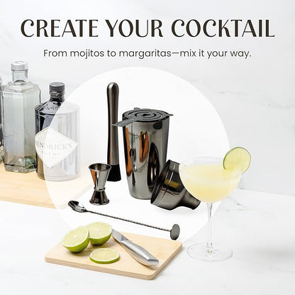 Mixology & Craft Cocktail Shaker Set with Bamboo Stand - Professional 10-Piece Bartender Kit - Complete Bar Set & Cocktail Mixer Kit for Home (Gun-Metal)
