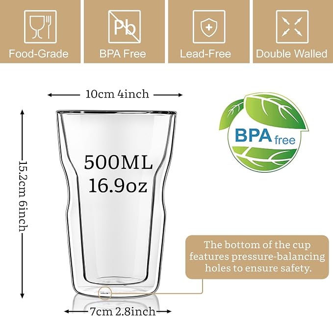 Joeyan Double Wall Glass Tumbler, 16.9oz Tall Insulated Drinking Highball - Image 2