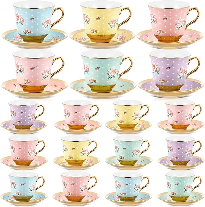 Teenyyou Set of 18 Tea Cups and Saucers Tea Party Decorations Floral Porcelain by Teenyyou