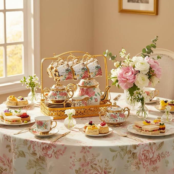 22 Pcs Porcelain Tea Set with Metal Holder, Vintage European Floral Tea Set - Image 3