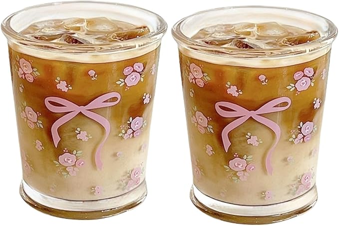 2 Pack 12 OZ Cute Floral Glass Cup French Drinking Glasses | Thick Sturdy/Clear by yaocoral
