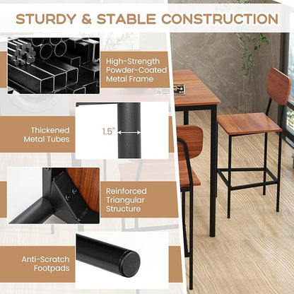 Giantex 5-Piece Dining Table Set W/Counter Height Table & 4 Bar Stools, Industrial Kitchen Dining Table Set W/Footrest & Backrest, Space-Saving Dinette Set for Pub, Dining Room, Restaurant (Walnut)