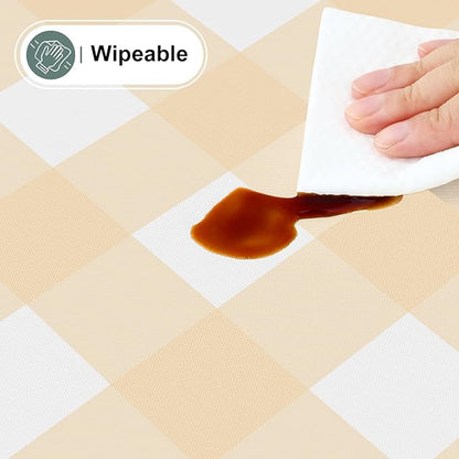 misaya Rectangle Waterproof Vinyl Table Cloth, Buffalo Flannel Backed Tablecloth, Wipeable Plastic Table Cover for Dinner, Kitchen, Outdoor (60" x 102", Beige and White)