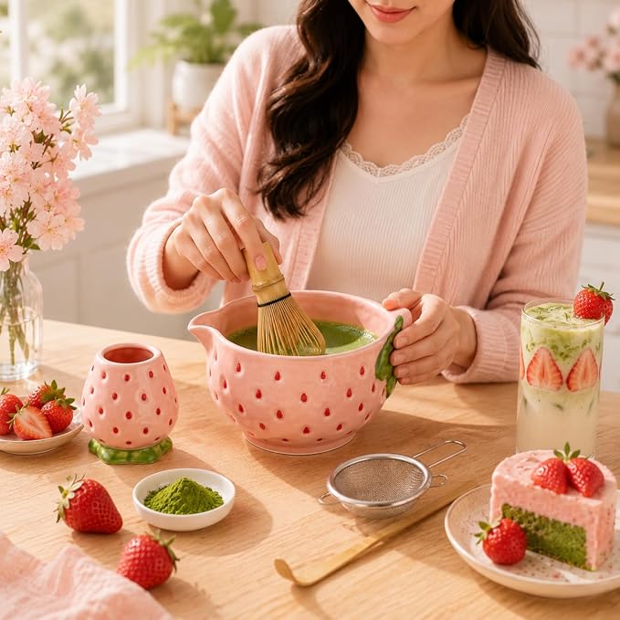 5 Pcs Matcha Whisk Set Pink Matcha Kit Cute Strawberry Design | Ceramic - Image 5