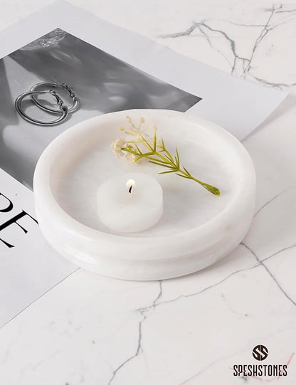 Marble Jewelry Dish 5 Inch Handmade White Jewelry Tray for Vanity Decor - Stone Trinket Dish, Marble Ring Holder, Candle Plate, Key Bowl for Entryway Table