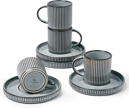famiware Star Espresso Cups and Saucers Set of 4, 3 oz Ceramic Small Coffee Mug by Famiware