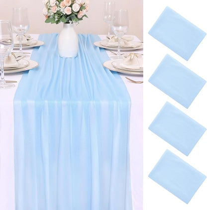 4 Pcs 10FT Sky Blue Chiffon Table Runners 30x120 Inches Tulle Boho Romantic by SAJOO