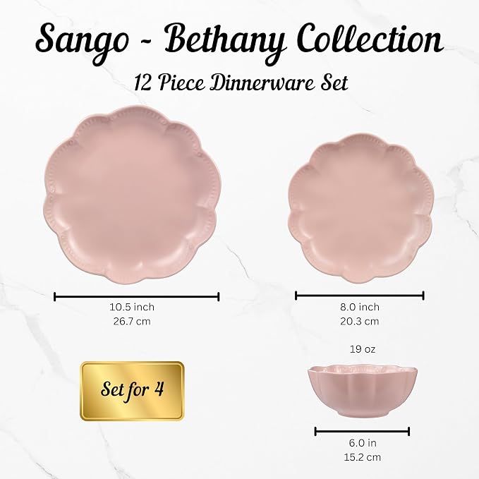 Sango 12 Pieces Scalloped Dinnerware Set, Modern Pink Dishes - Image 2