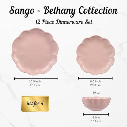 Sango 12 Pieces Scalloped Dinnerware Set, Modern Pink Dishes - Image 2