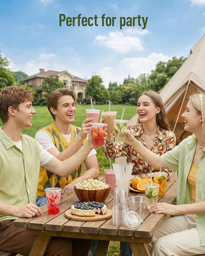 Plastic Cups with Lids and Straws：    Clear Disposable - Image 7