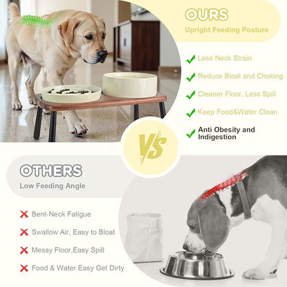 SPUNKYJUNKY Ceramic Elevated Dog Bowls with Slow Feeder Raised Acacia Bamboo Wooden Stand, 8.3'' Dog Food Water Bowls Set Non-Slip for Medium Large Sized Breed Microwave Dishwasher Safe - Beige