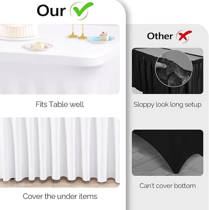 Wish Care 2 Pack White Spandex Table Clothes for 8 Foot Rectangle Tables, 8FT Wrinkle Free Fitted Tablecloths Ruffles Design Table Cover for Party, Banquet, Wedding and Events