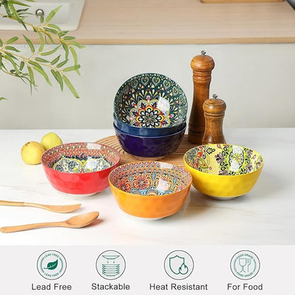 KitchenTour Cereal Bowls Set of 6, 26 oz Ceramic Soup Bowls for Kitchen, 6.3 Inch Colorful Serving Bowls for Oatmeal, Salad, Pasta, Dessert - Microwave & Dishwasher Safe