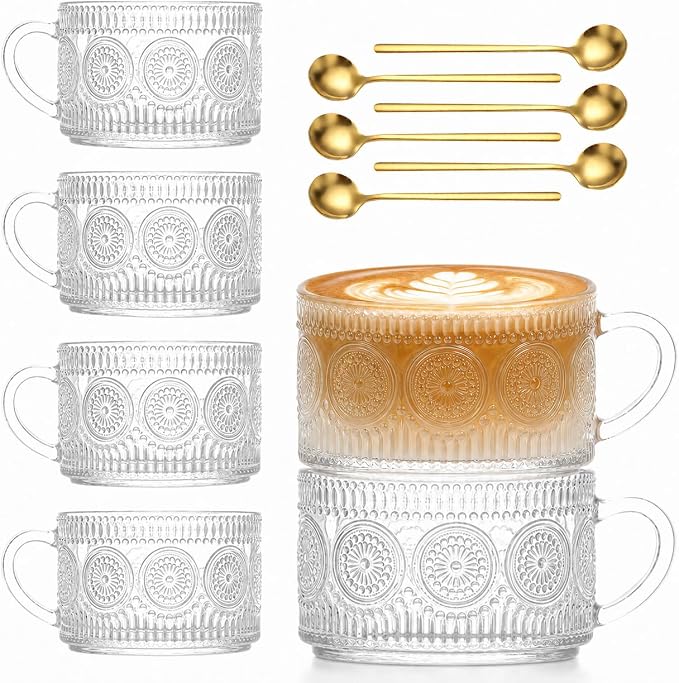 Vintage Coffee Mugs Set of 6, 14 oz Glass Tea Cups by Unknown