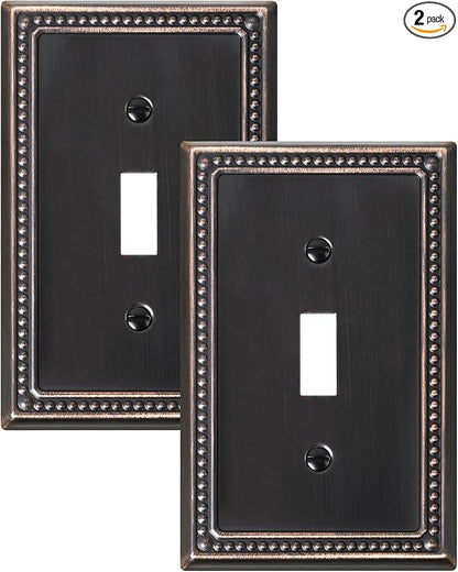 2-Pack Single Toggle Light Switch Cover Plate, Pearls Decorative Switch Plate Covers, Aged Bronze 1 Gang Metal Wall Plate, Corrosion Resistant