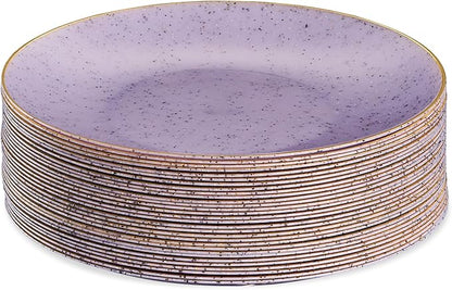 PLASTICPRO 30 Pack Disposable Plastic Plates Heavyweight Granite Look Elegant 7 inch Dinner Plates Purple with Gold Rim