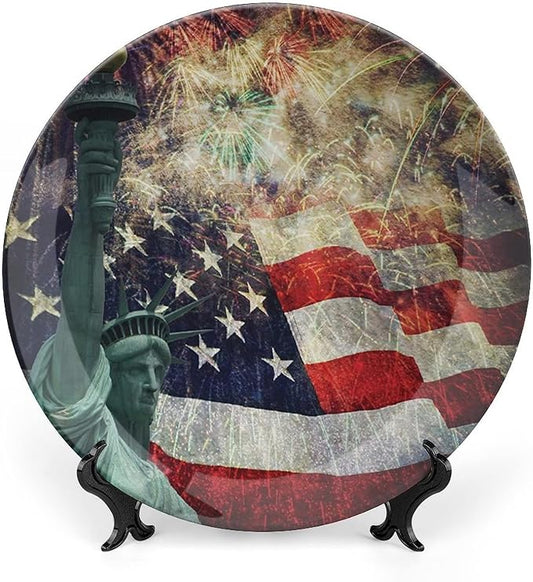 Decorative Plates, American Flag Print Ornament, Fireworks 4th of July, 7 Inch, 1 Plate with 1 Display Stand, Multicolor