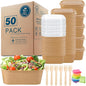 MINCOCO 50 Count Paper Bowls Disposable Meal Prep Containers with Lids【Includes 50 Wooden Forks + 100 Labels】 Salad Food Containers Freezer & Microwave Safe Leakproof Soup Bowls (29 Ounce, 50-Count)