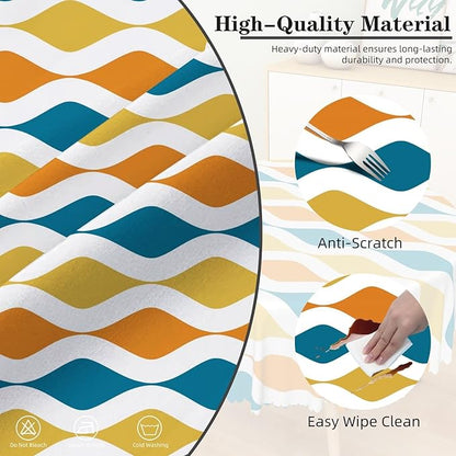 Laeacco 70 Inch Geometric Round Tablecloth Blue and Orange Waved Stripes Modern Abstract Art Print Table Cloth Washable Waterproof Wrinkle Free Table Cover for Kitchen Dining Picnic Party Decoration