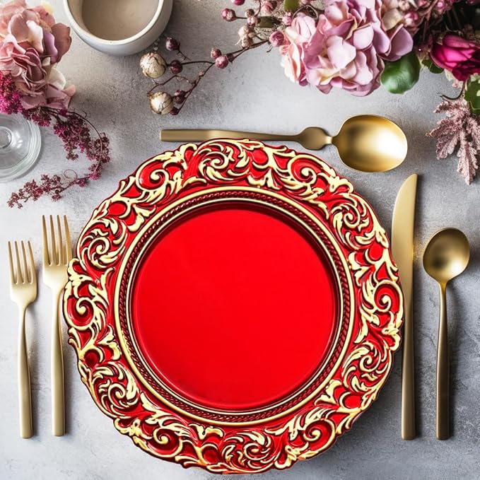 Red Charger Plates with Gold Embossed Rim, Plate Chargers - Image 4